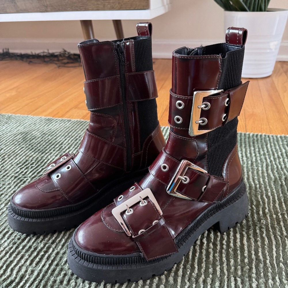 Asos moto boots in burgundy